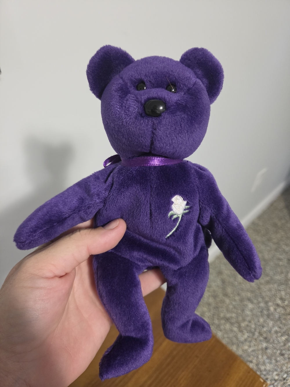 1997 Princess Diana Purple Beanie Baby Bear with White Rose Embroidery